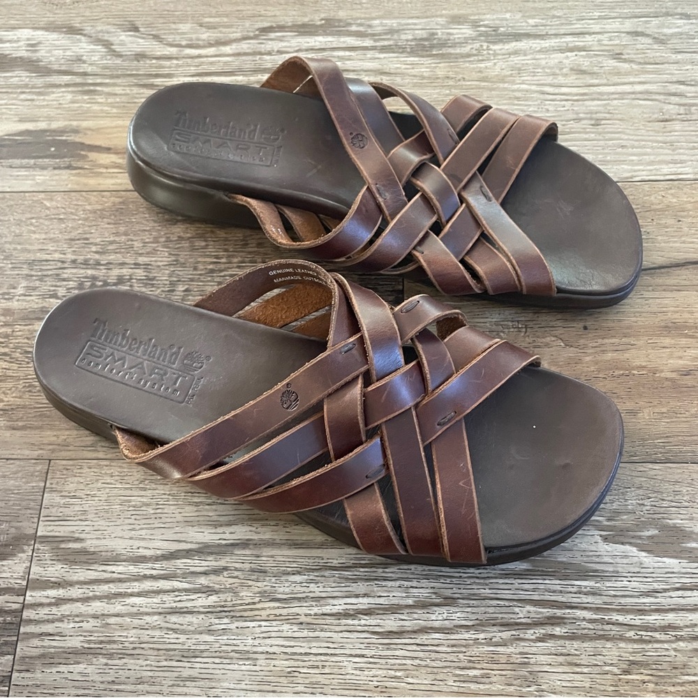 Timberland brown woven leather slides 7.5